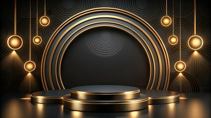 Obraz premium Luxurious dark background adorned with golden circles on arches surrounding a stage platform, evoking opulence and sophistication, perfect for high-end event or product showcases.