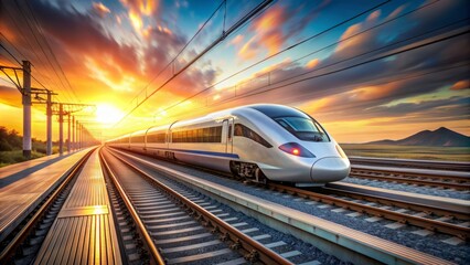 Naklejka premium Dynamic high-speed train zooms past railway station at sunset, its sleek modern design and blurred motion conveying velocity and modernity on the platform.