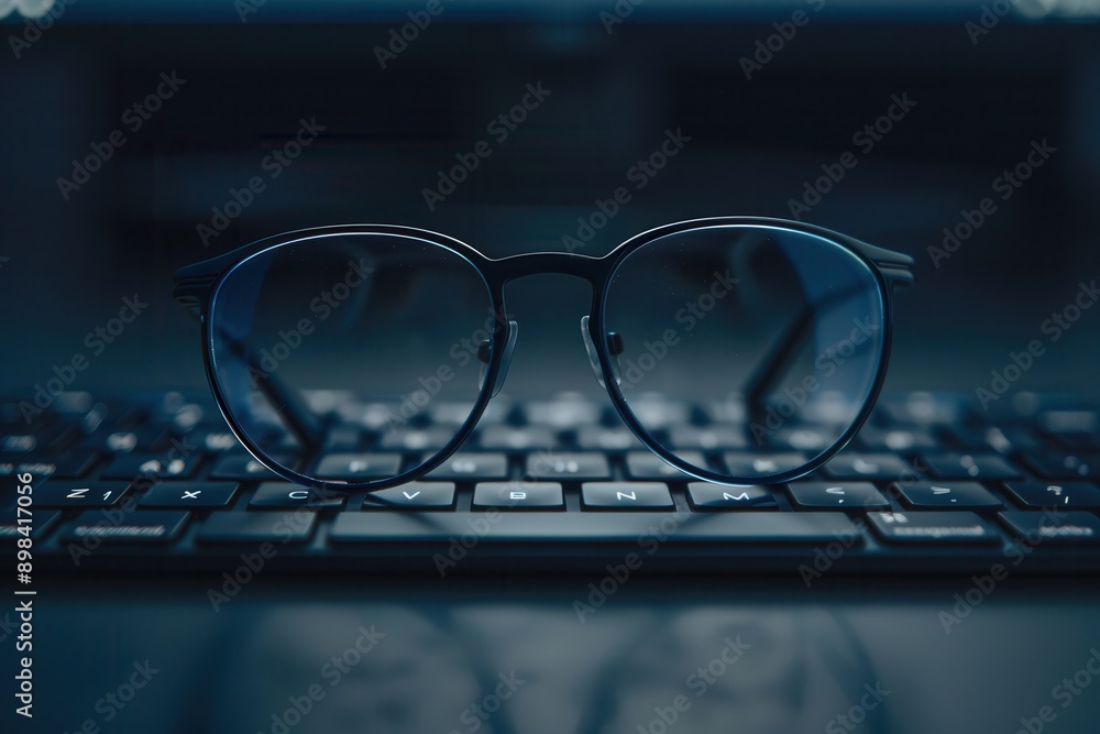 Poster black-rimmed glasses rest on a laptop keyboard with a dark background. generative ai