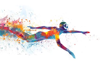 illustration of a woman diving and swimming gracefully, painted in a vibrant watercolor style with colorful splashes highlighting the fluidity and movement on a white background.
