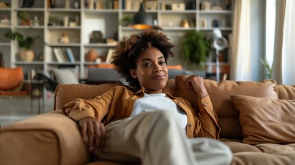 Obraz premium Woman relaxing on a sofa in a modern living room with bookshelves and houseplants in the background.