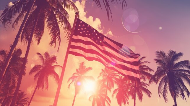 Beautiful american flag waves among palm trees at sunset, evoking summer vacation vibes and patriotic pride. Perfect for sharing on instagram - Powered by Adobe