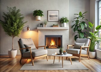 Cozy Scandinavian living room features a crackling fireplace, minimalist chair, lush green plant, and blank framed wall space, exuding warm, inviting, and serene ambiance.