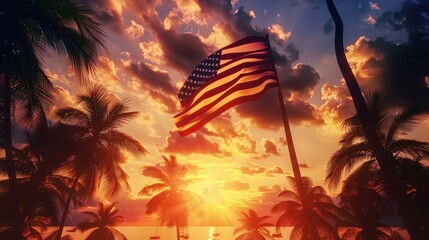 The american flag waving on a tropical beach with palm trees silhouetted against a beautiful sunset