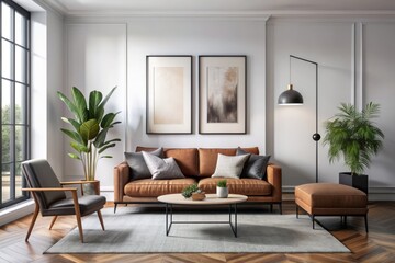 Fototapeta premium Modern stylish living room features a sleek black poster frame on a crisp white wall, elevating the interior space with a touch of artistic sophistication.