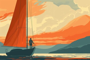 Fototapeta premium Silhouette of a Man on a Sailboat at Sunset With Mountains in the Distance