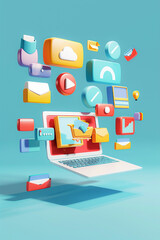 Online product icons floating from a laptop screen, illustrating multi-channel marketing strategies, 3D animation render,