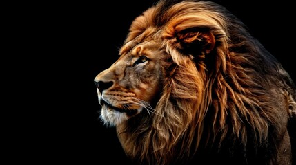 Fototapeta premium Lion portrait in profile on a dark background. The king of beasts with a luxurious mane. Space for text.