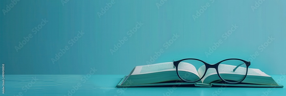 Leinwandbilder a book lays open on a teal surface with glasses resting on the pages. generative ai