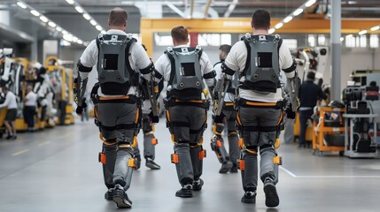 Obraz premium Factory workers wearing industrial exoskeleton suits walking through a large manufacturing facility to enhance strength and reduce fatigue.