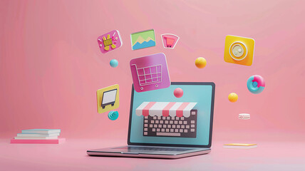 Online product icons floating off laptop screen, multi-channel marketing for online retail businesses and digital apps, 3D animation render,