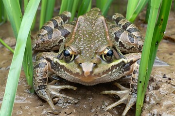 Fototapeta premium Close-up of a Green Rugosed frog , Hoplobatrachus rugulosus in a Grassy Marsh