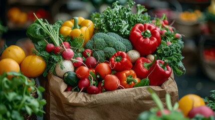 Brown paper bag overflowing with a variety of fresh, colorful vegetables, purchased from a local farmers market