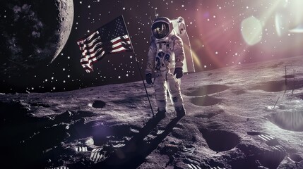 Astronaut on the moon planting the american flag with planet earth in the background