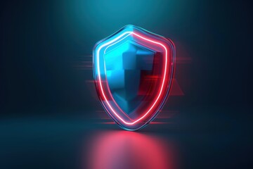 A sleek digital shield logo with glowing blue and red accents, representing protection and security in a modern design