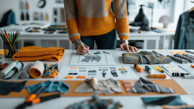 Fashion designer drawing sketches on paper surrounded by fabric samples, textile rolls, color swatches, and art supplies in a creative studio.