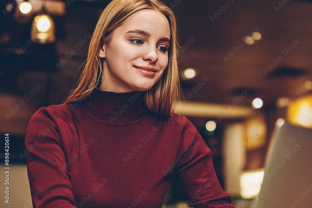 Poster positive woman enjoying shopping online searching new items in web stores using free internet on net