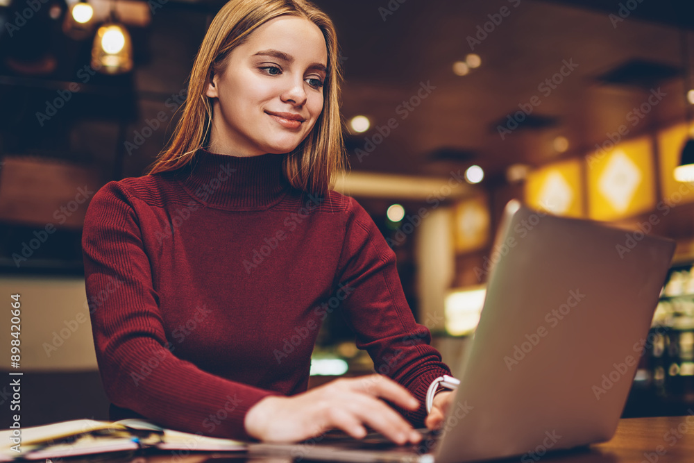 Poster positive woman enjoying shopping online searching new items in web stores using free internet on net