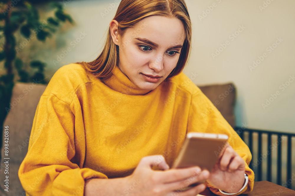 Poster excited woman reading shocked news about university problems using good internet connection for open