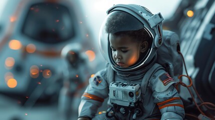A young child dressed as an astronaut sits in a space-themed environment with blurred lights in the background. Another person in an astronaut suit is seen in the background.
