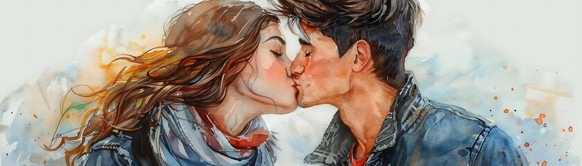 A romantic illustration of a couple sharing a kiss, capturing love and intimacy in a vibrant, artistic style.