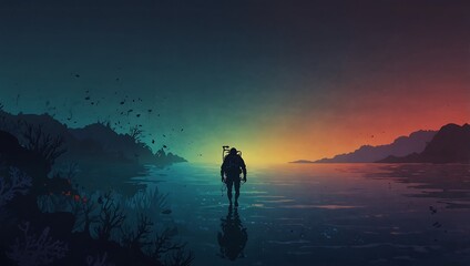 Fototapeta premium Gradient ocean scene with a scuba diver