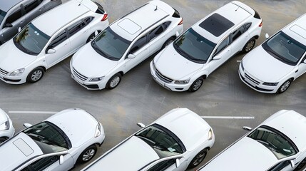 Rows of brand new, white cars are neatly parked in a shipping yard, likely awaiting transport or delivery to dealerships.