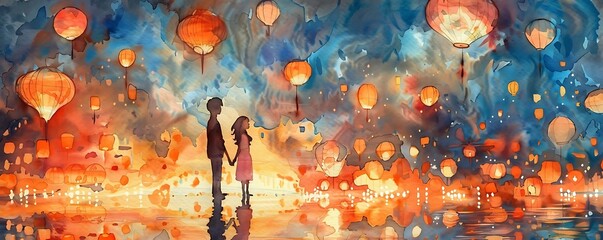 A romantic scene of a couple silhouetted against a backdrop of colorful lanterns and vibrant skies.