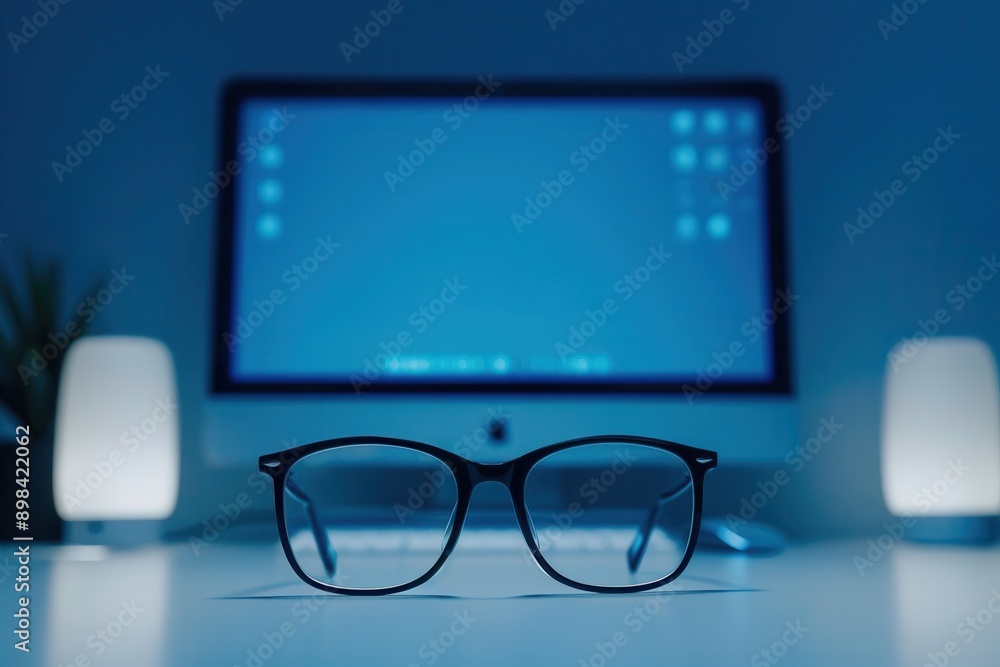 Wall mural A pair of black eyeglasses sits on a desk in front of a computer monitor in a dimly lit room. Generative AI