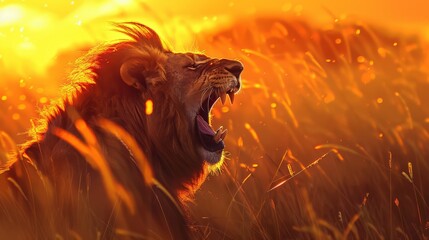 Lion roaring at sunset