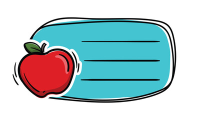 Bright school sticker with an apple and space for text. Simple vector label for notebook, textbook, diary. School, learning, education concept