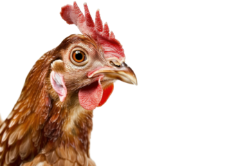 Curious chicken looks confused, tilting its head to one side, isolated on white background.