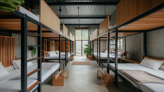 Modern dormitory interior with multiple rows of wooden-framed bunk beds, white bedding, large windows, and indoor plants, featuring minimalist and industrial design. - Powered by Adobe