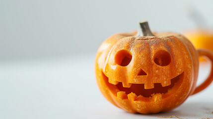 A carved pumpkin, often called a jack-o'-lantern, with a friendly, smiling face.