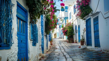 blue and white stree in sidi bousaid tunisia 