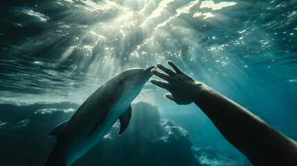 Obraz premium A person interacting with a dolphin, the water shimmering under sunlight, symbolizing harmony and the therapeutic bond between humans and animals, bottom third copy space