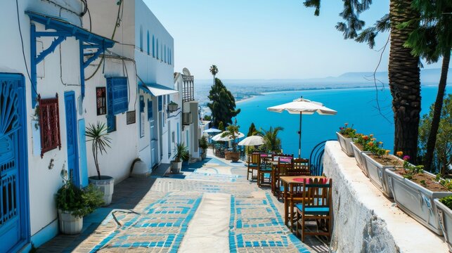 blue and white view from top of the mounten in sidi bou said sea view tunisia 