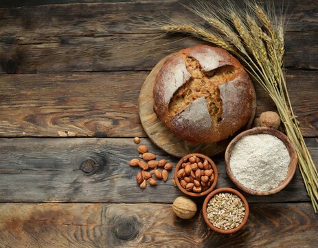 Walnut bread specialty; fresh with ingredients flour nuts; top view from above; on wooden background; bakery