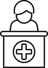 Line drawing of a pharmacist standing at a counter with a medical cross, representing a pharmacy