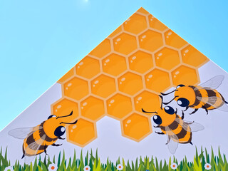 Wooden sign with honey bees and honeycombs as a note for nature conservation