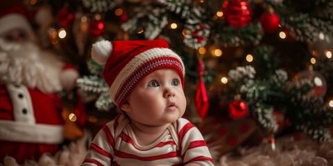 A baby dressed in festive holiday attire, sitting next to a beautifully decorated Christmas tree, full of wonder and joy