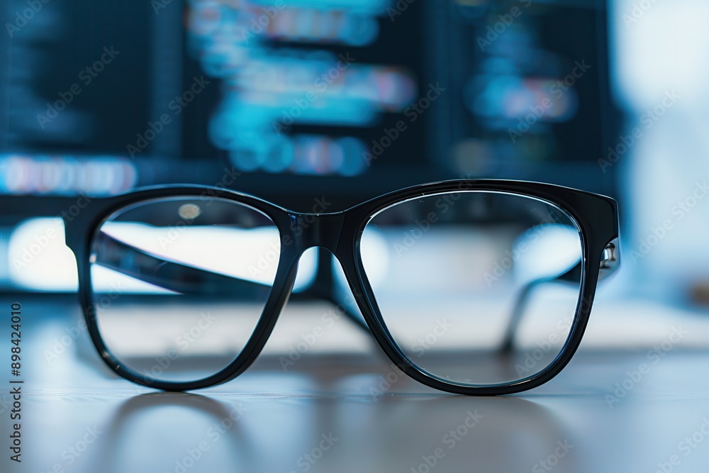 Leinwandbilder black framed glasses are lying on a desk with a computer screen in the background. generative ai