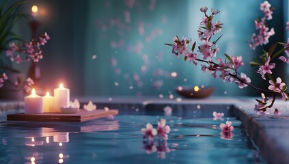 Spa salon aroma relaxation concept. Beauty day with lit candles, leaves and flowers, smooth massage idea. Wellness therapy background with copyspace
