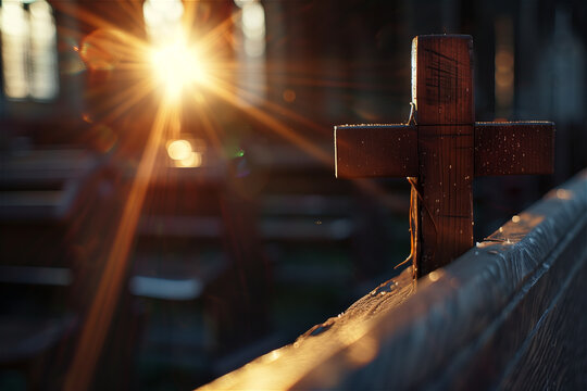 a wooden cross and a lens flare
