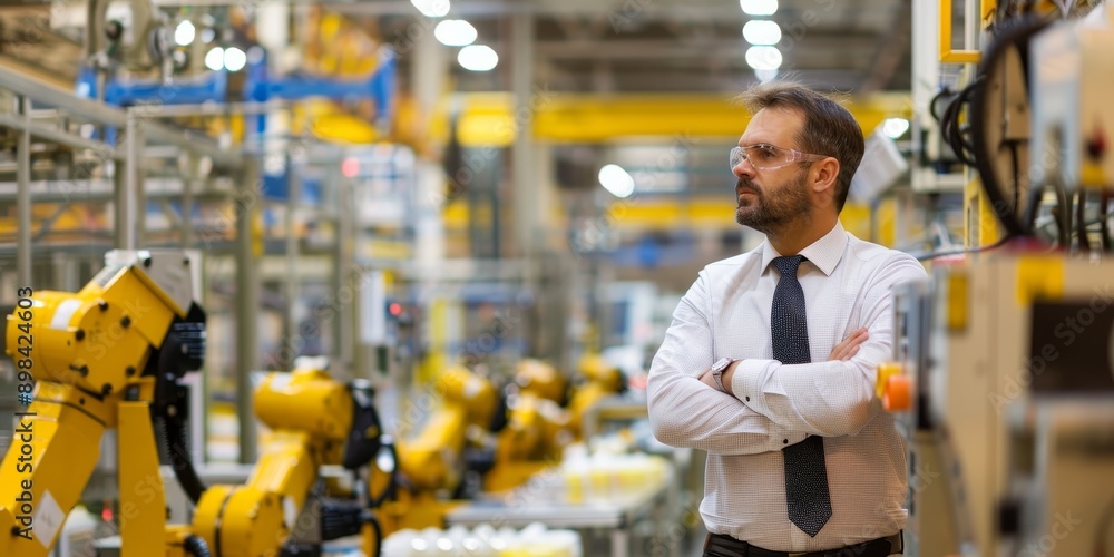 Aufkleber a business manager overseeing the assembly of products on a factory floor with automated machinery