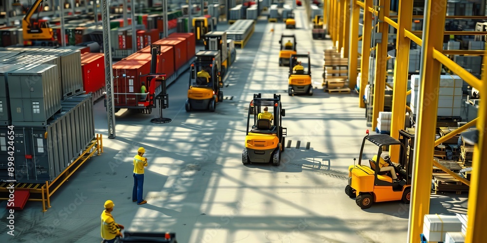 Poster a team of logistics managers coordinating shipments and inventory in a busy warehouse with forklifts