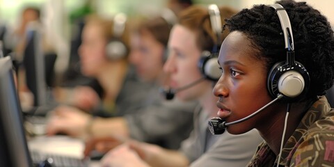 A group of customer service representatives assisting clients over the phone in a modern call center with headsets