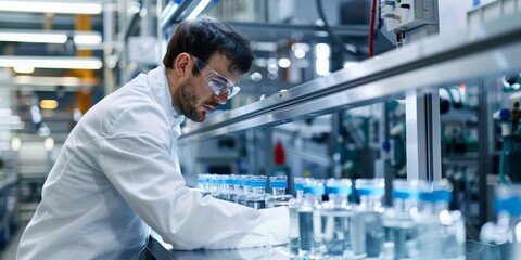 A businessman conducting quality control inspections on a production line, checking items for defects