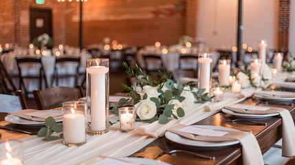 A long table wedding reception dinner is set up in an outdoor courtyard. The table is decorated with greenery and candles, and there are chairs set up on both sides