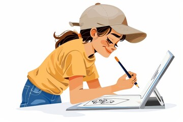 Young Artist Drawing on a Tablet While Wearing a Cap